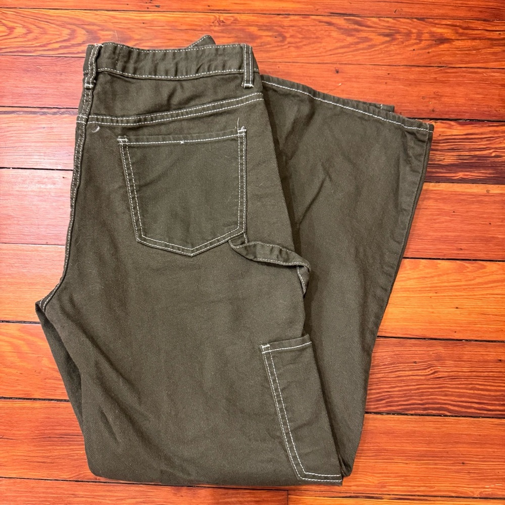 Woman’s Wide Leg Olive Green Pants 100% Cotton Size 11 Gorpcore Grunge